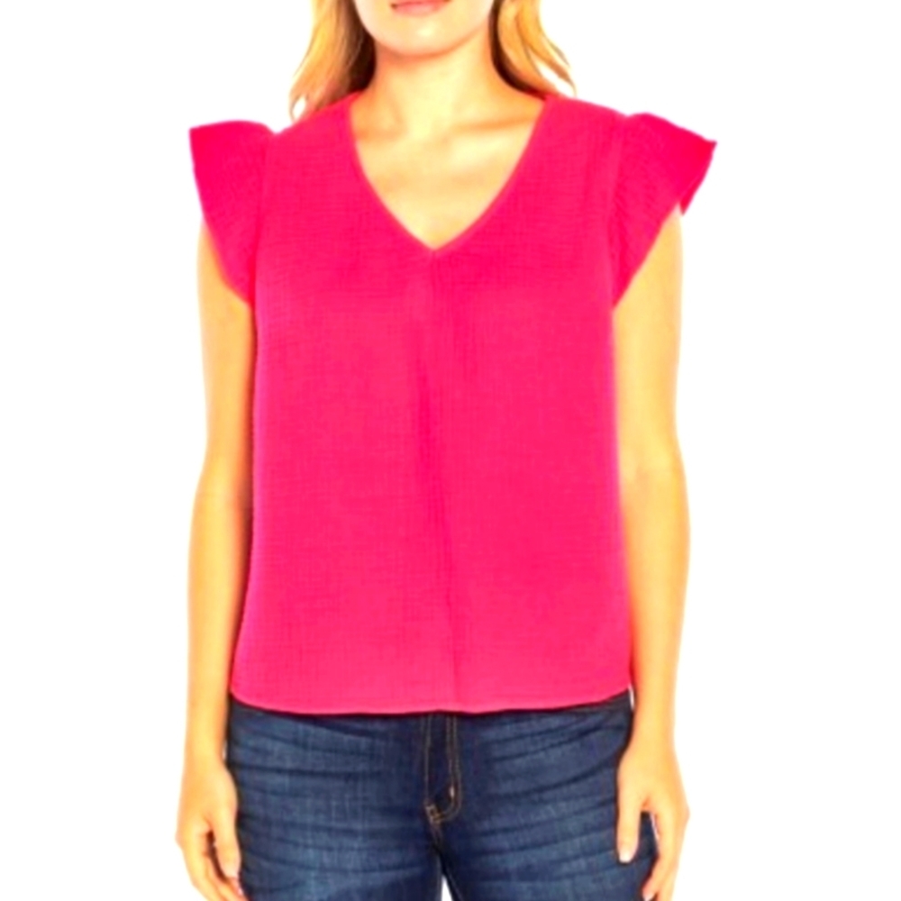 Three Dots Top Women's XXL Fuchsia Double Gauze Cropped Short Ruffle‎ Sleeves